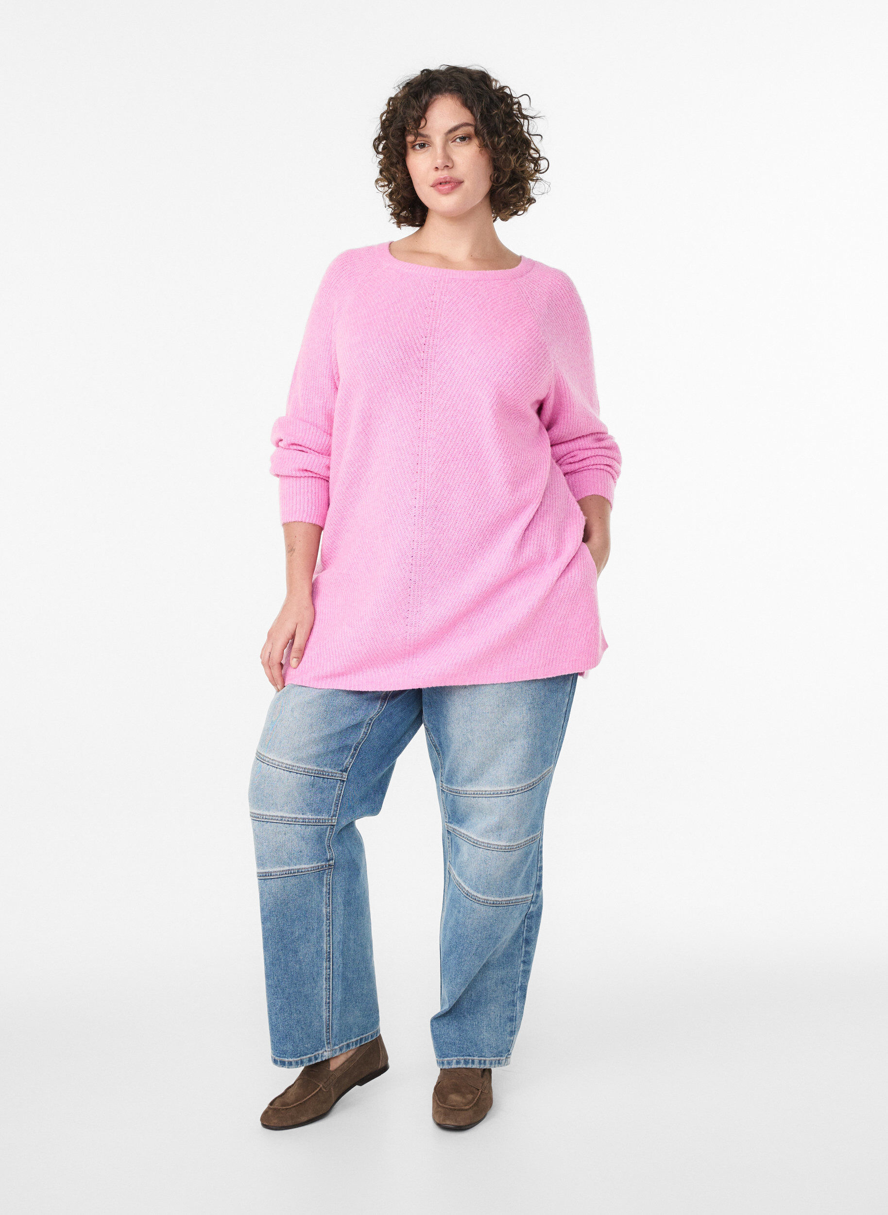 ZizziNeulepusero, jossa on vinoraitakuvio ja raglanhihat, Vaaleanpunainen, Model image number 1