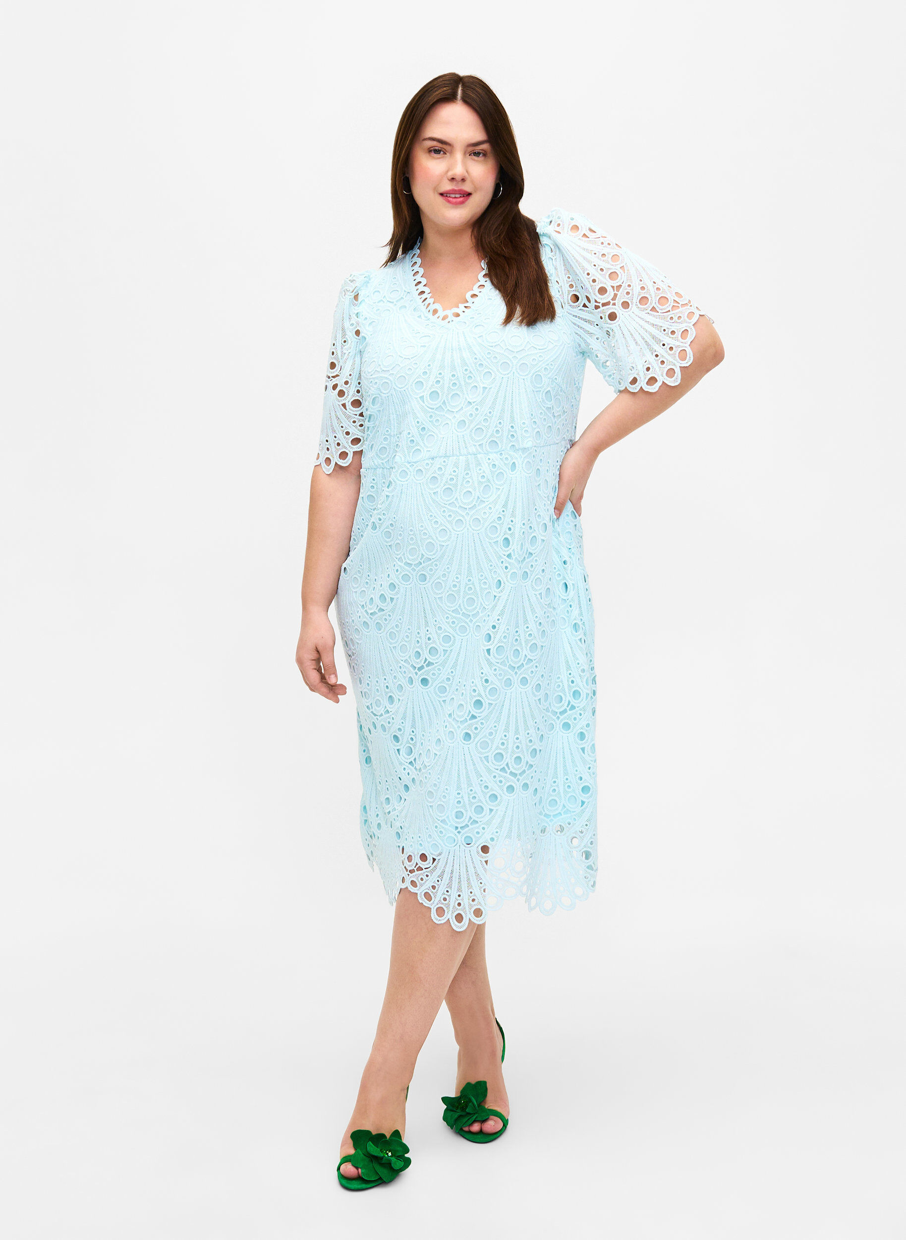 Zizzi Lyhythihainen virkattu mekko, Delicate Blue, Model image number 0