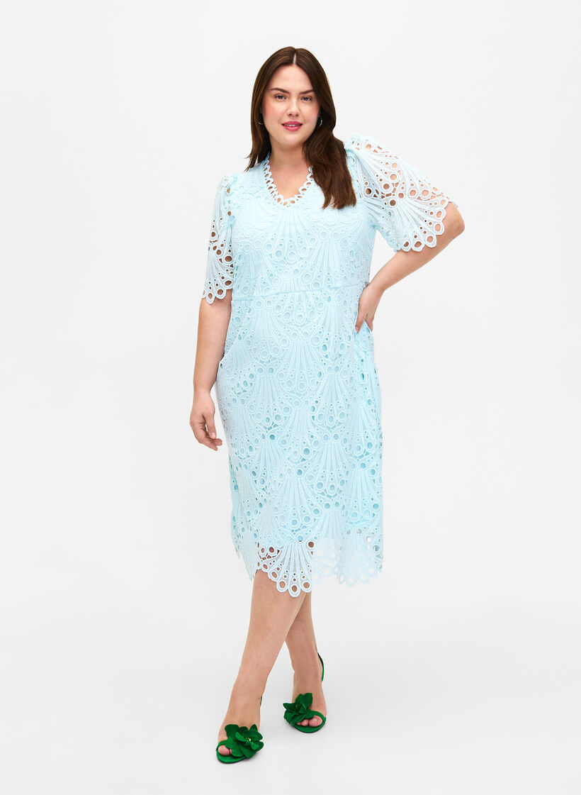 Lyhythihainen virkattu mekko, Delicate Blue, Model image number 0