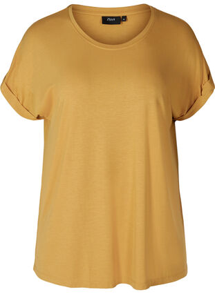 T-paita viskoosiseoksesta pyöreällä pääntiellä, Honey Mustard , Packshot image number 0