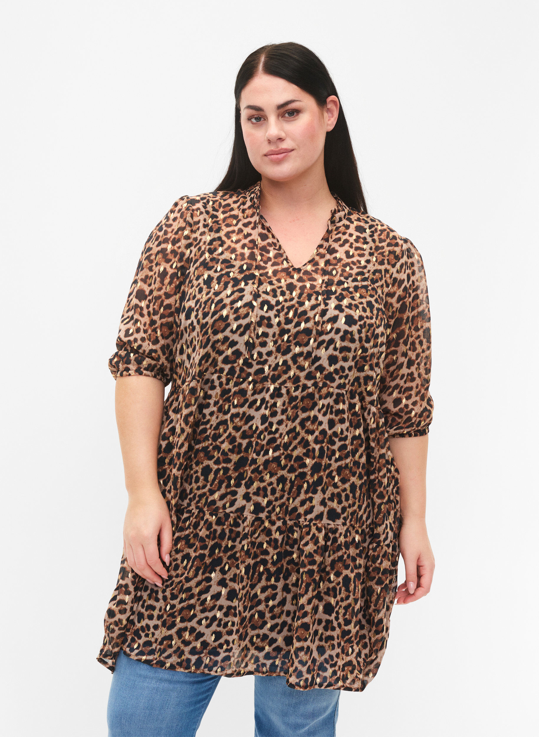 Zizzi Tunika leoprintill&auml; ja lurexilla, Leopard AOP, Model image number 0