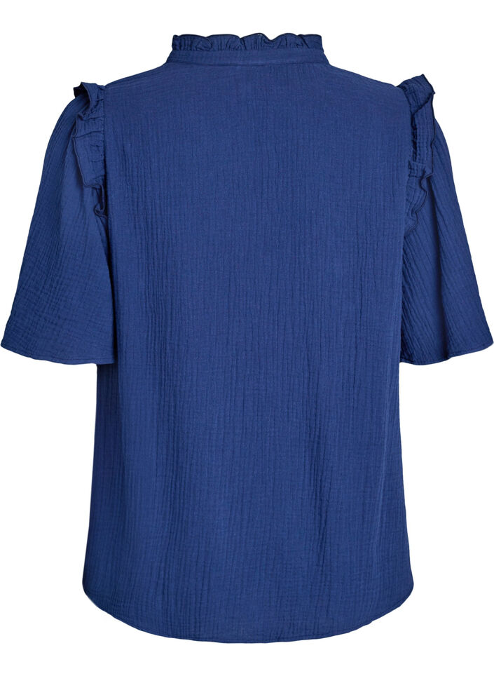 Puuvillamusliinipusero broderie anglaise -kirjonnalla ja 1/2-hihoilla, Sininen, Packshot image number 1