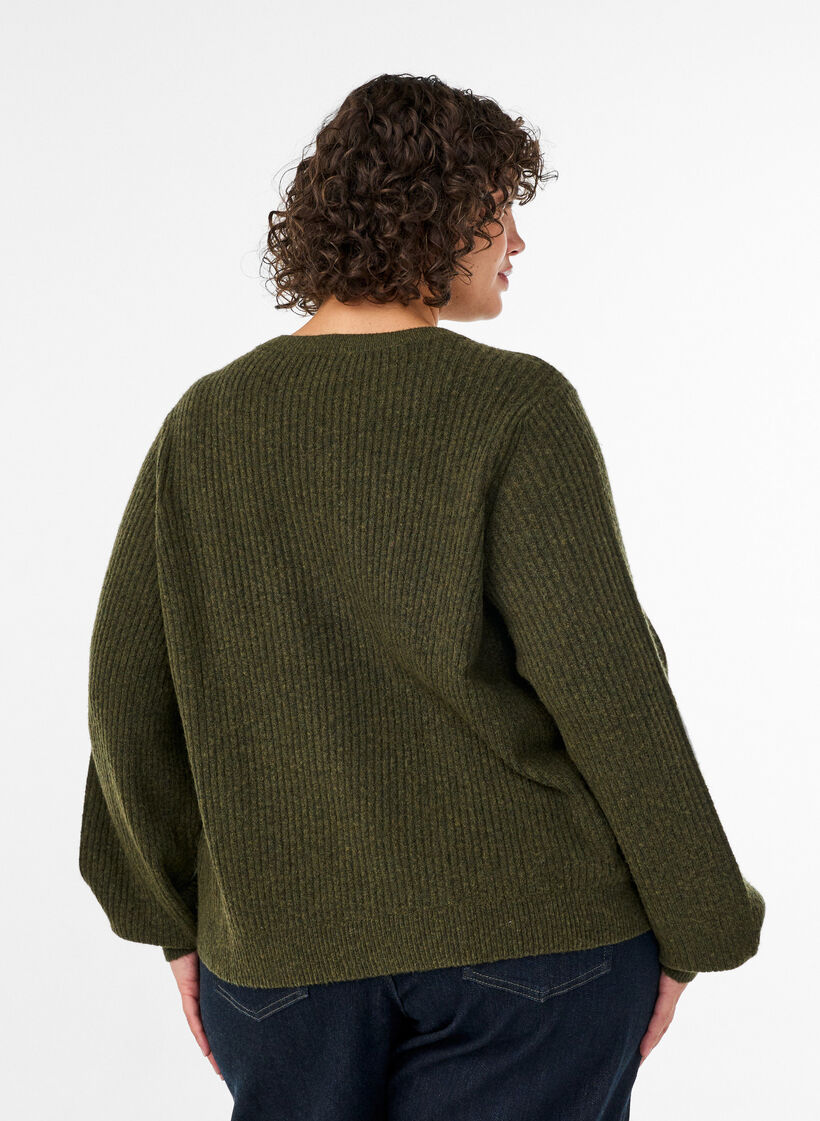 Ribattu neulepaita pallohihoilla, Vihre&auml;, Model image number 2