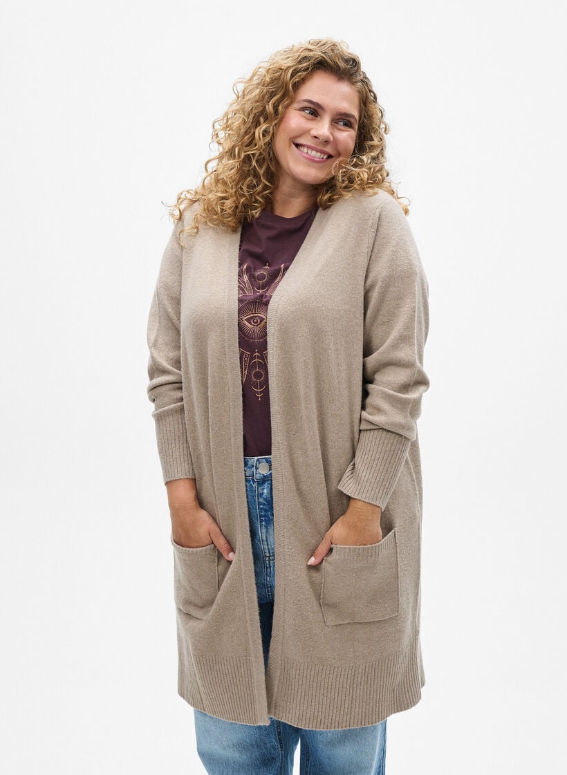 Joustinneuletakki taskuilla, Beige, Model image number 0