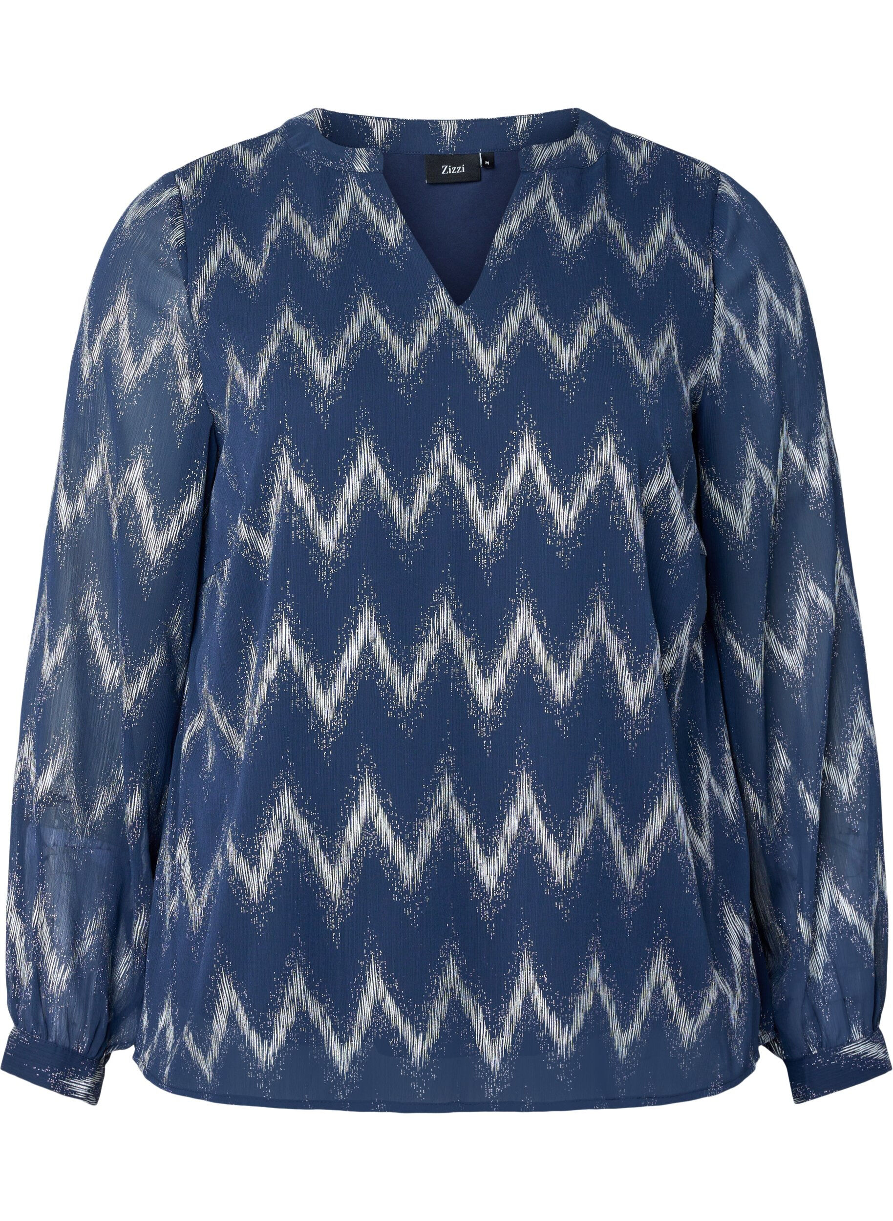 Zizzi Kuosillinen pusero, jossa on v-p&auml;&auml;ntie, Sininen, Packshot image number 0