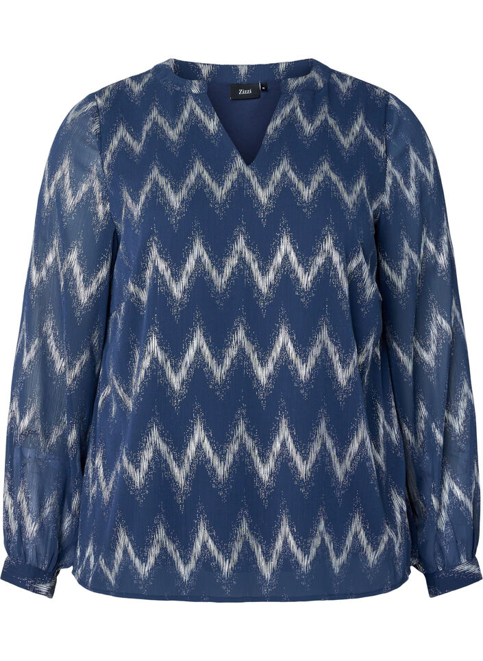 Kuosillinen pusero, jossa on v-pääntie, Sininen, Packshot image number 0