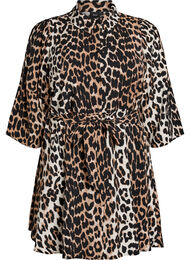 Patterned tunic with a tie-belt and 3/4 sleeves, Brown