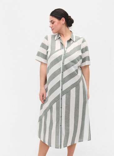 Lyhythihainen puuvillainen paitamekko raidoilla, Thyme Stripe, Model image number 0