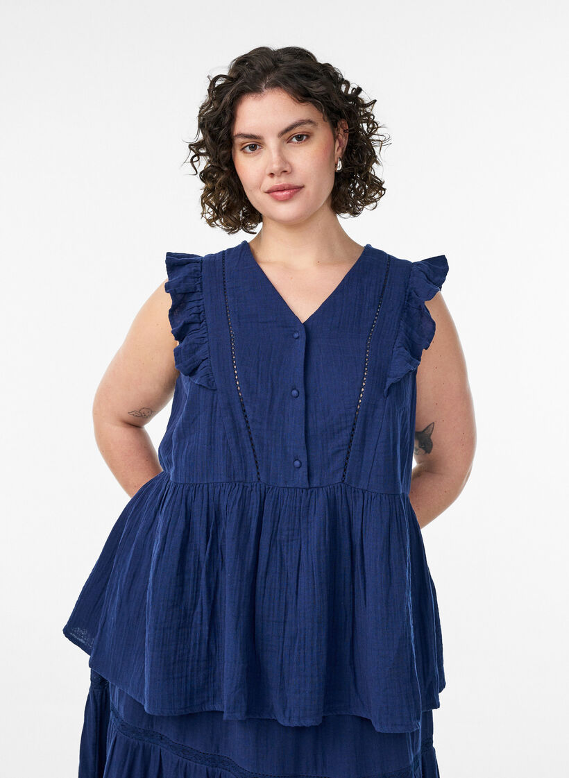Hihaton puuvillamusliinipusero r&ouml;yhel&ouml;ill&auml;, Sininen, Model image number 0