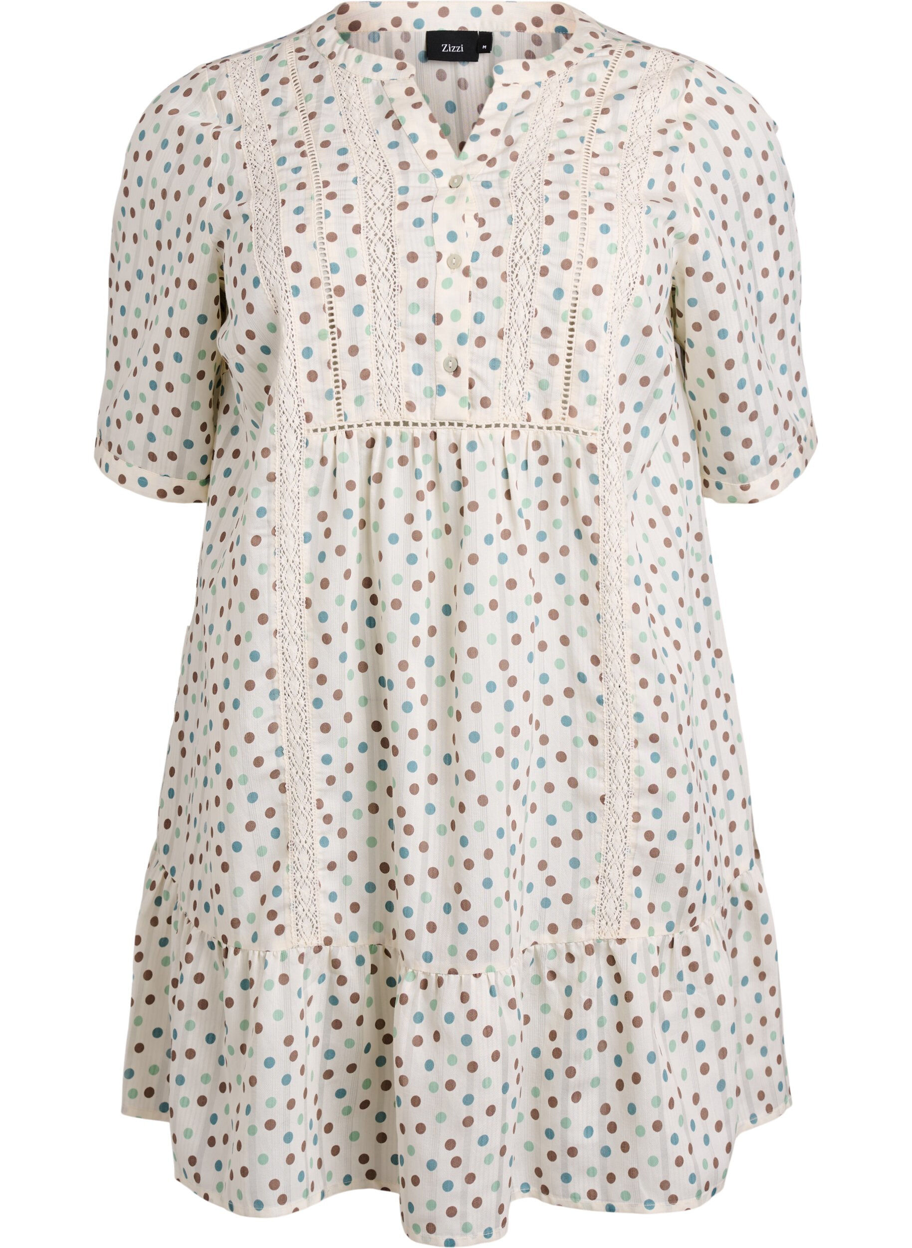 Lyhyt viskoosimekko pitsisomisteella ja A-linjaisella leikkauksella