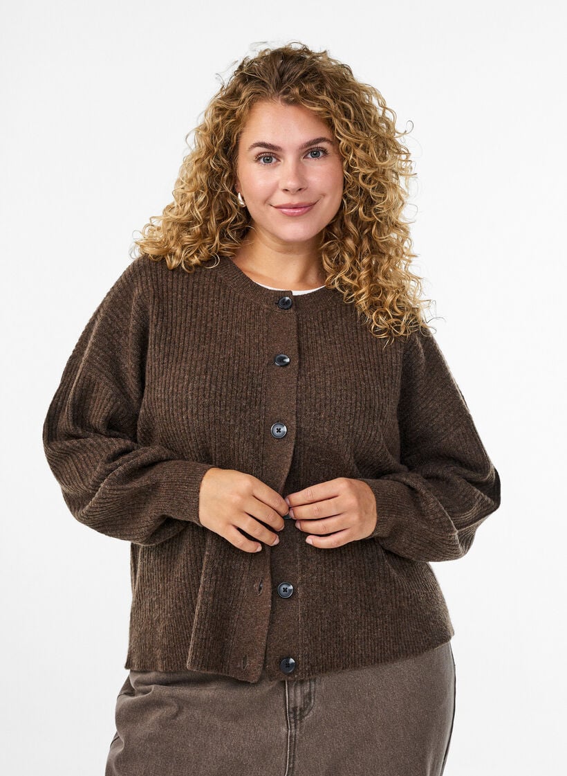 Ribbineuloksesta valmistettu neuletakki napeilla, Ruskea, Model image number 0
