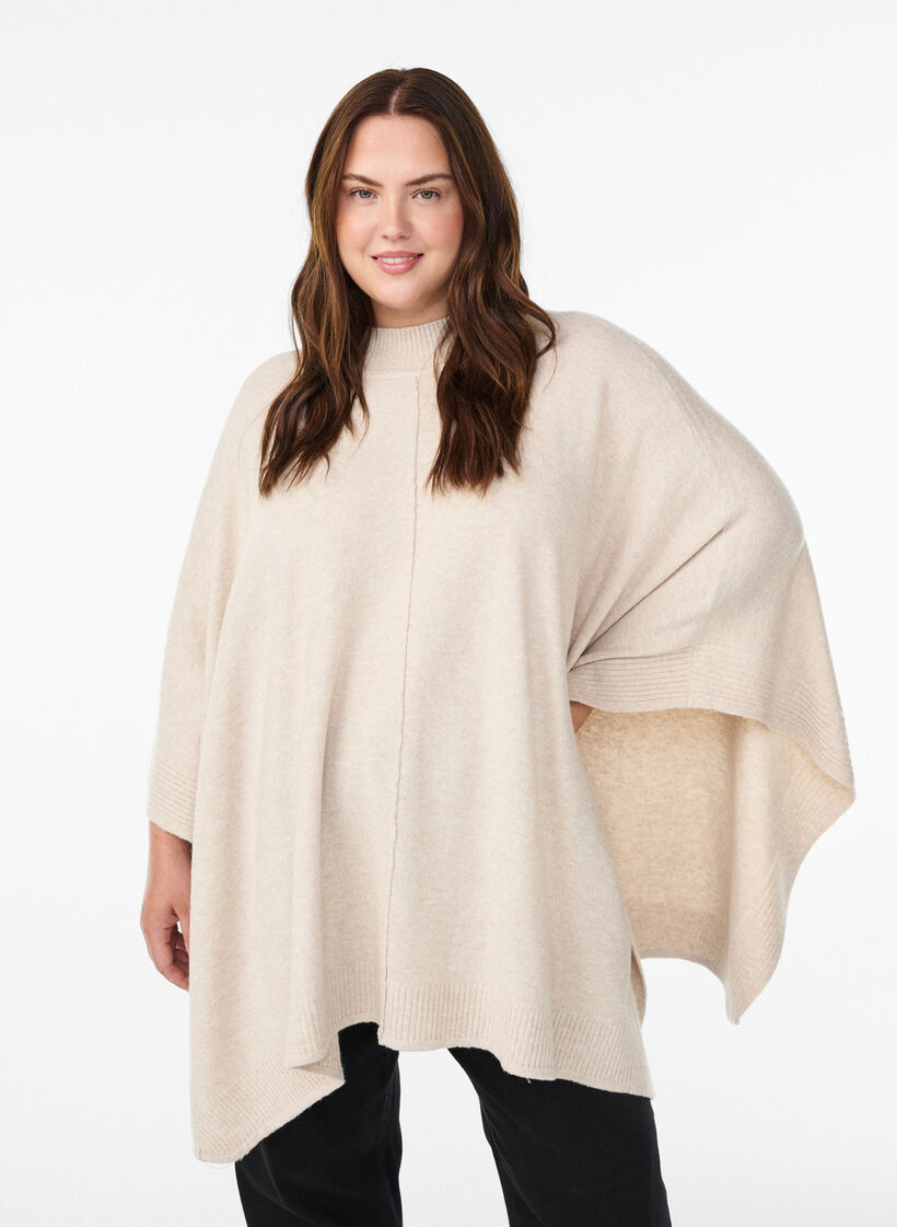 Poncho ribatuilla yksityiskohdilla ja pyöreällä kauluksella, Beige, Model image number 0