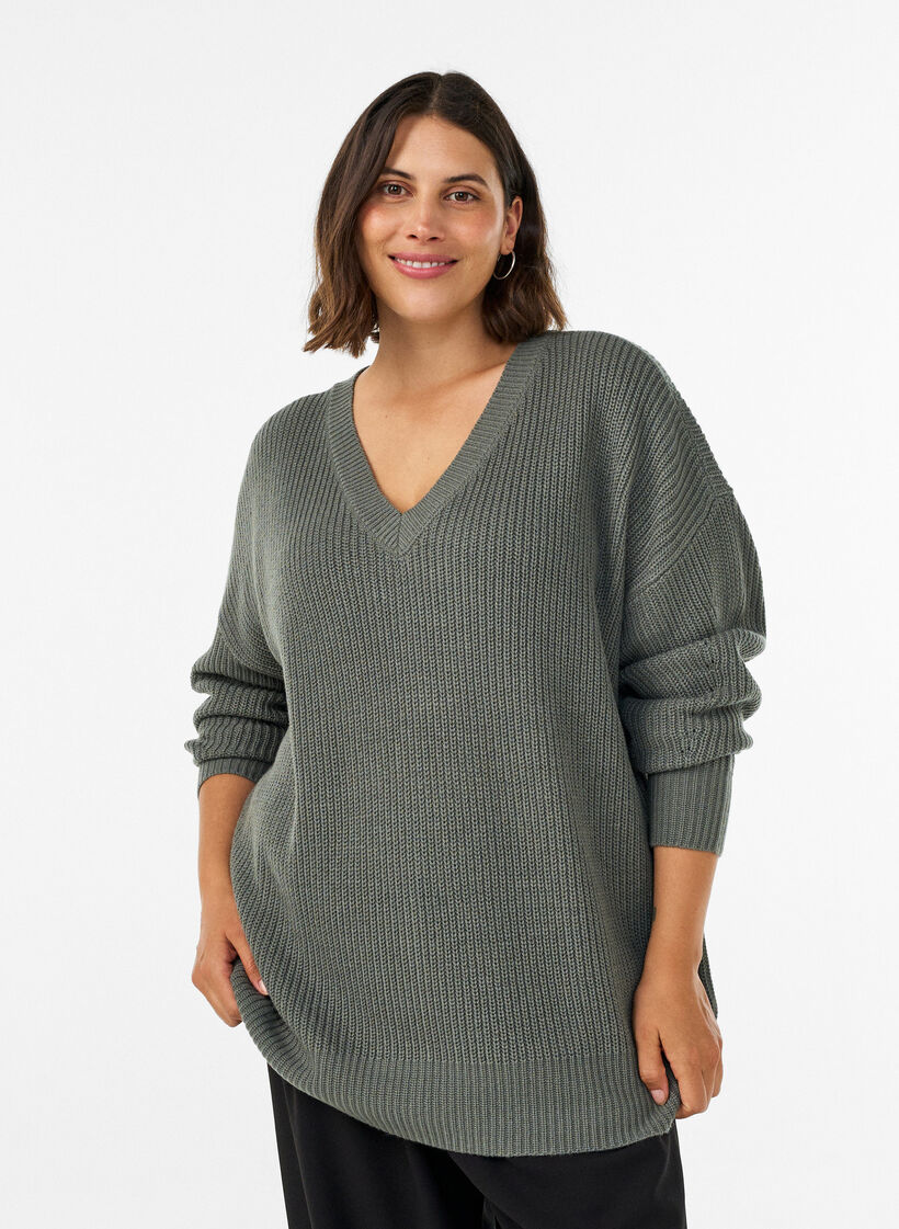 Pitk&auml; ribbineulepusero V-p&auml;&auml;ntiell&auml;, Vihre&auml;, Model image number 0