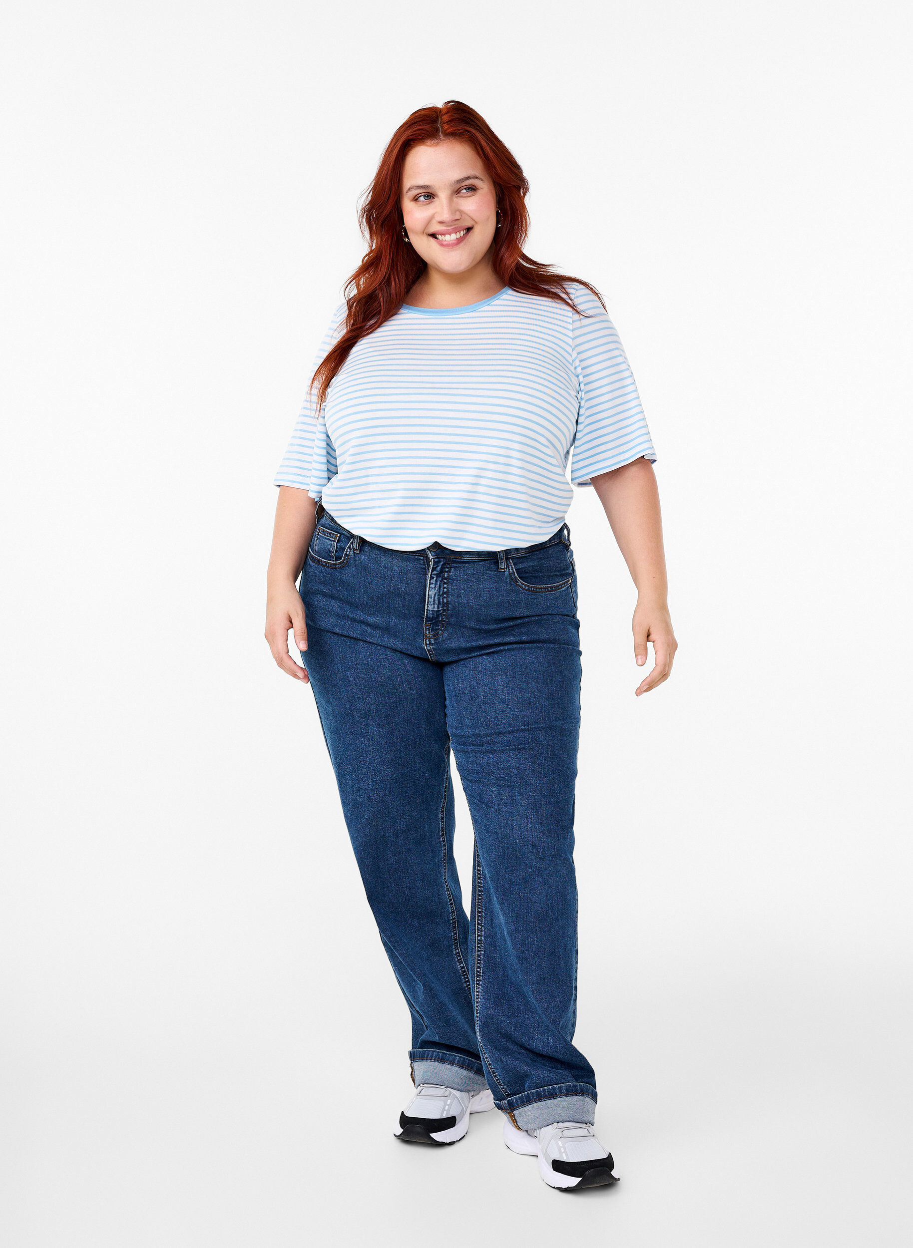 Zizzi Raidallinen t-paita lyocellia, jossa on py&ouml;re&auml; p&auml;&auml;ntie, Sininen, Model image number 1