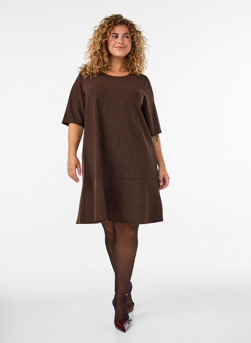 Lyhyt A-linjainen mekko kimalteraidoilla, Ruskea, Model image number 1