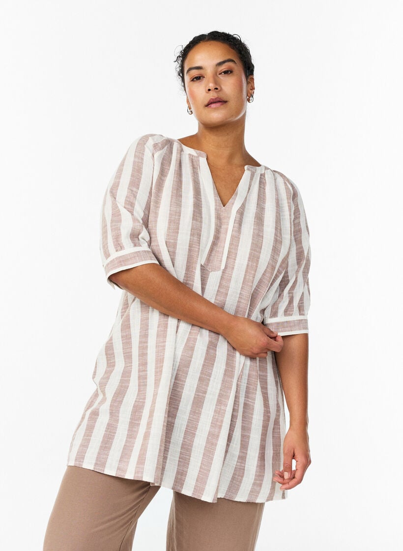 Puuvillatunika V-p&auml;&auml;ntiell&auml;, Beige, Model image number 0