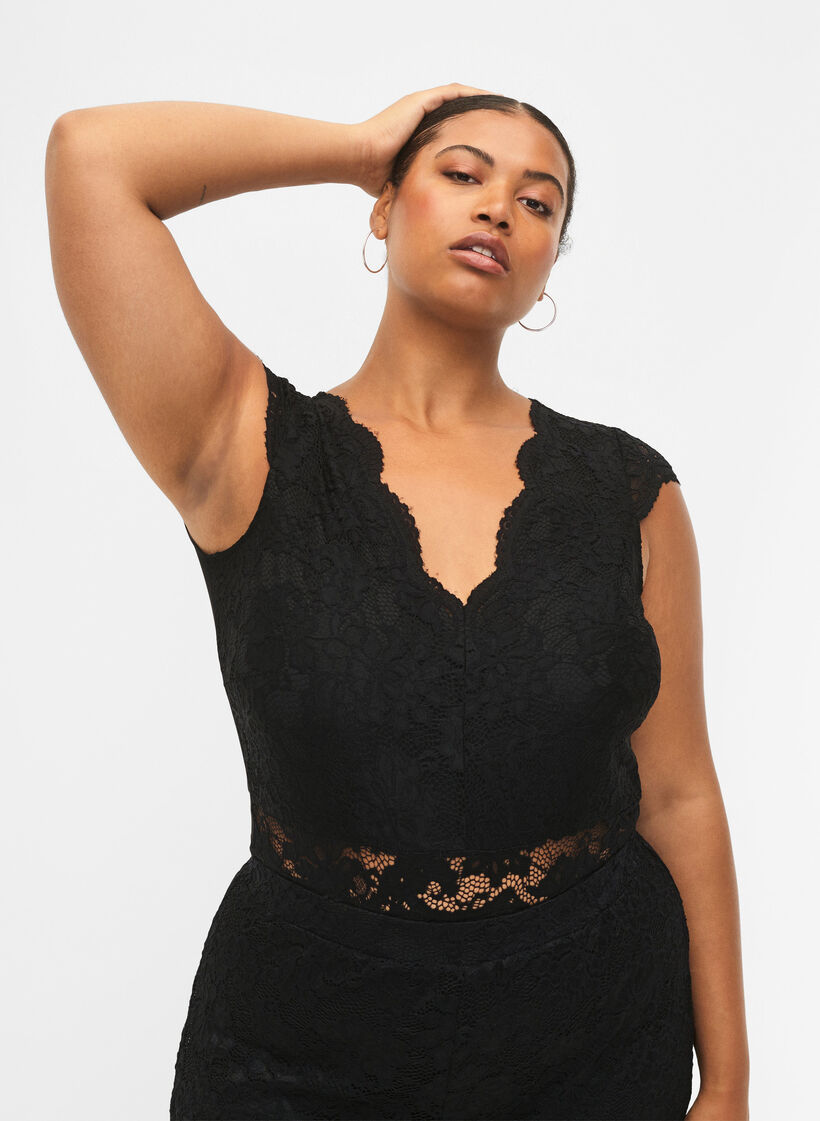 Body koristeellisella pitsillä ja v-kauluksella, Black, Model image number 0