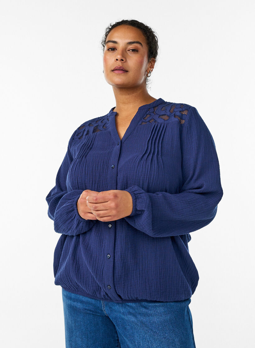 Puuvillamusliinipusero kirjailtuine yksityiskohtineen, Sininen, Model image number 0