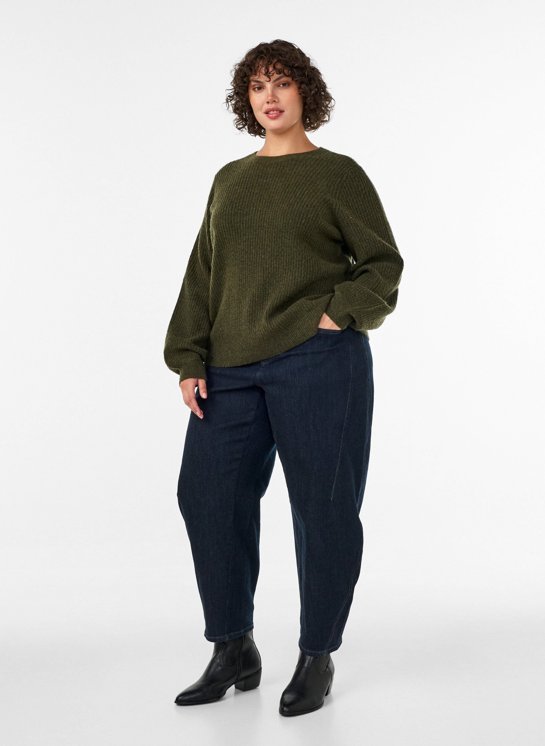 ZizziRibattu neulepaita pallohihoilla, Vihre&auml;, Model image number 1