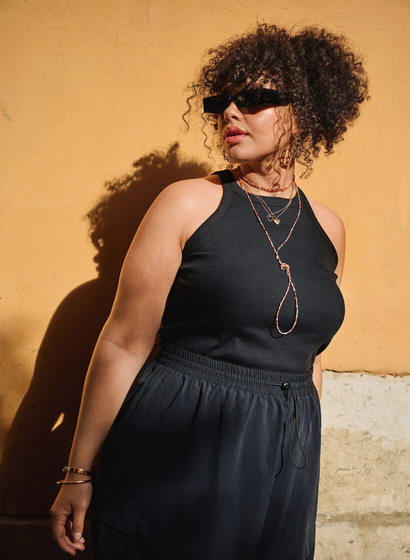 Ribattu toppi puuvillasta, Black, Image image number 0