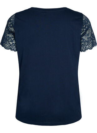 Puuvillainen t-paita lyhyillä pitsihihoilla, Navy Blazer, Packshot image number 1