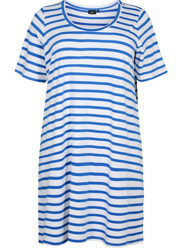 Raidallinen trikoomekko lyhyillä hihoilla, Blue Stripes, Packshot image number 0