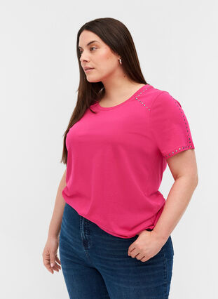 Lyhythihainen puuvillainen t-paita niiteillä, Fuchsia Purple, Model image number 0