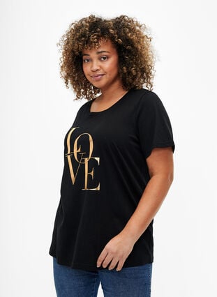 Puuvillainen T-paita, jossa on kullanvärinen teksti, Black w. Gold Love, Model image number 0