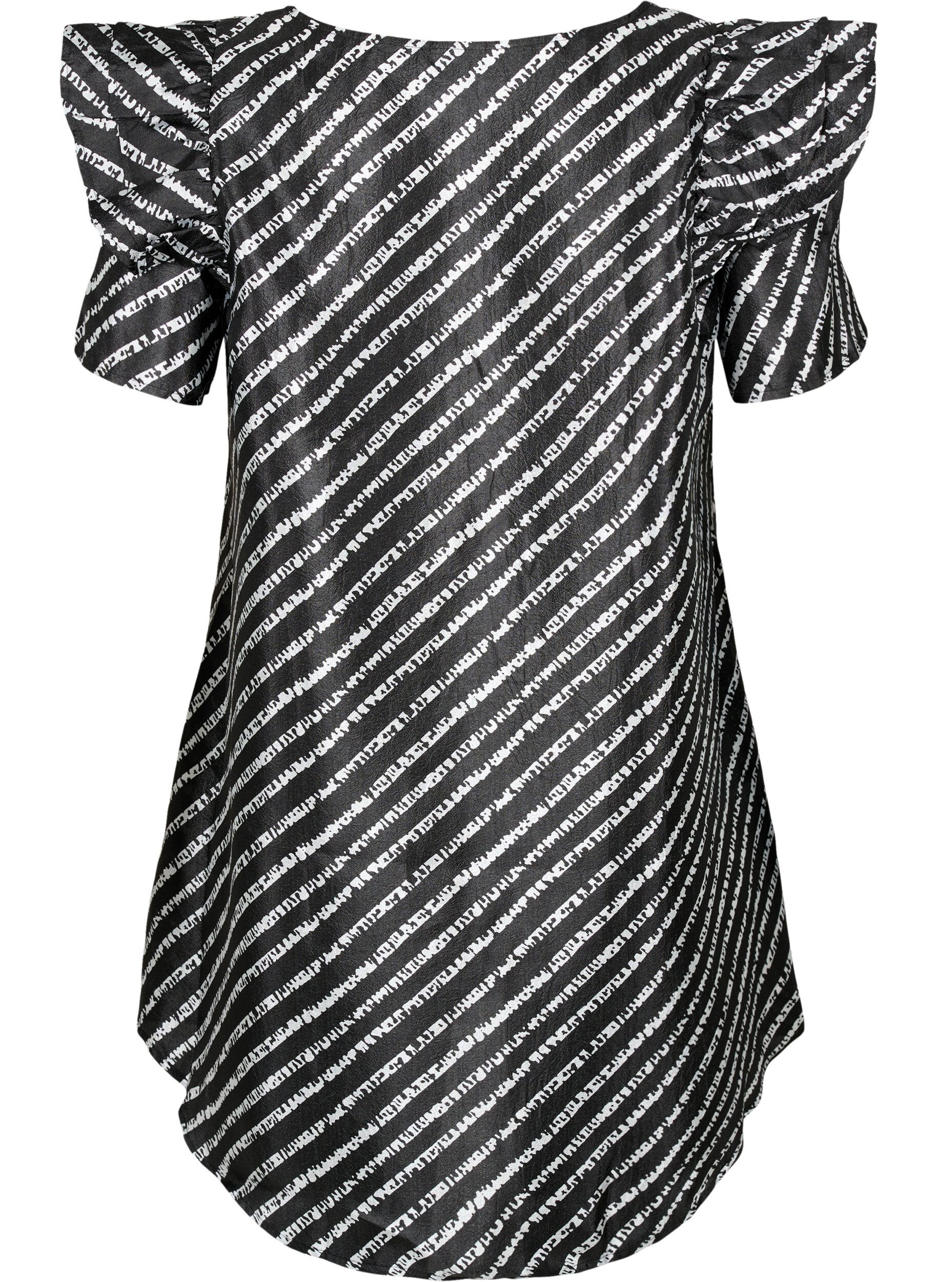 Zizzi Raitainen tunika koristeellisilla r&ouml;yhel&ouml;ill&auml;, Black/White Stripes, Packshot image number 1