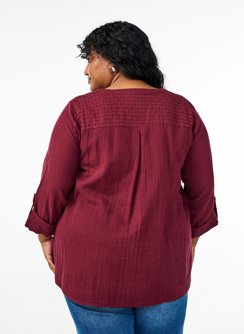 Paita puuvillamusliinissa, jossa broderie anglaise -kirjailu, Tumma Bordeaux, Model image number 2