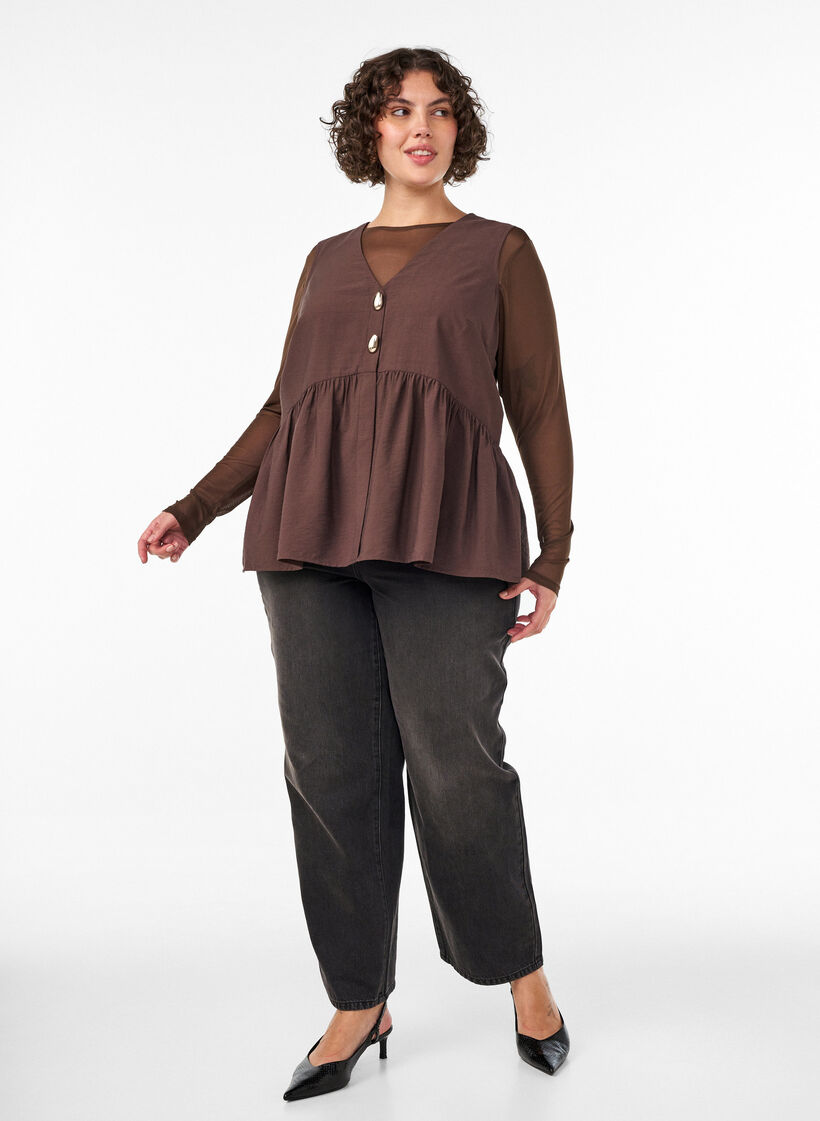Hihaton peplum-pusero koristenapeilla, Ruskea, Model image number 1