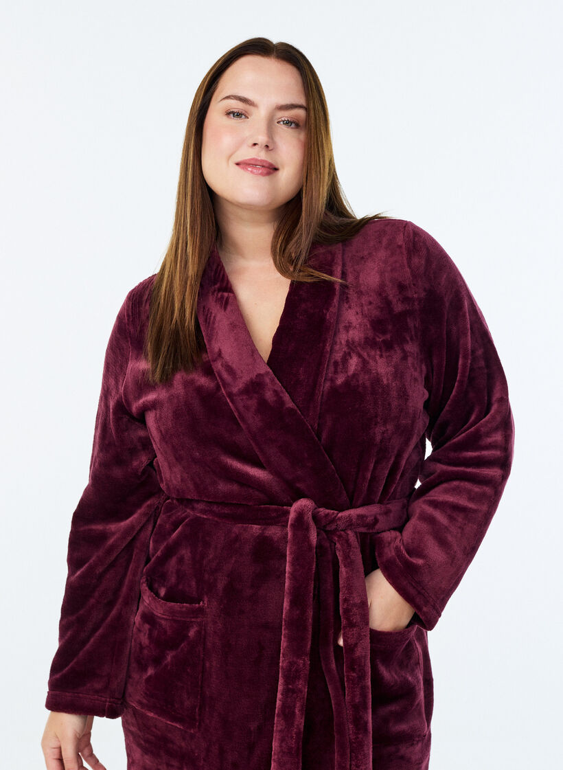 Aamutakki pehme&auml;&auml; velouria taskuilla, Tumma Bordeaux, Model image number 2