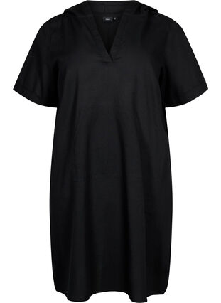 Puuvillan ja pellavan sekoitteesta valmistettu hupullinen mekko, Black, Packshot image number 0