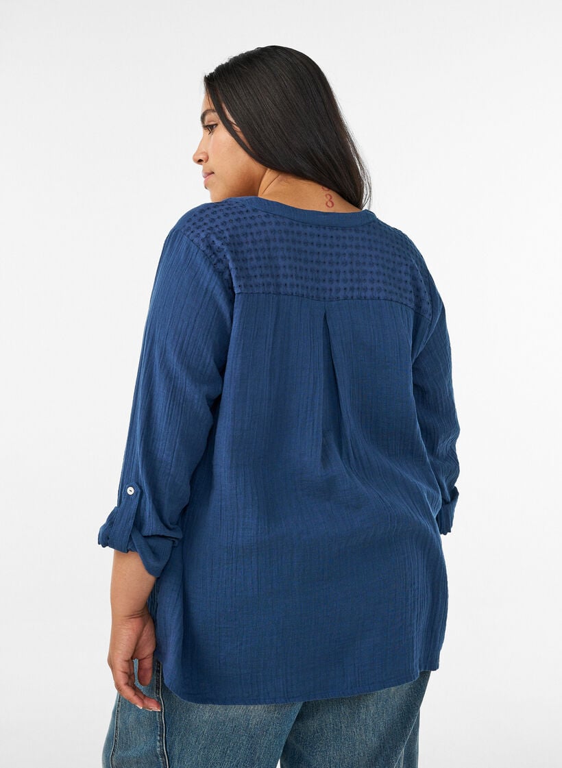 Paita puuvillamusliinissa, jossa broderie anglaise -kirjailu, Sininen, Model image number 2
