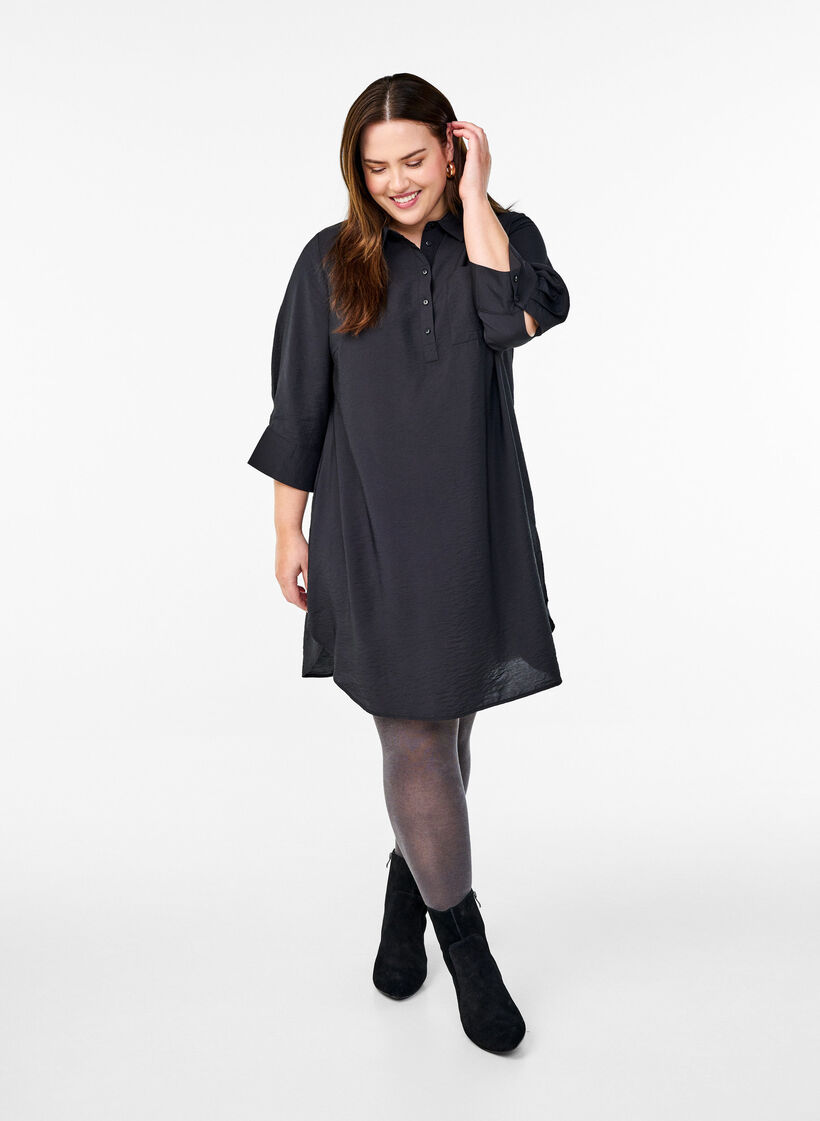 Lyhyt mekko kauluksella ja rintataskulla, Musta, Model image number 1