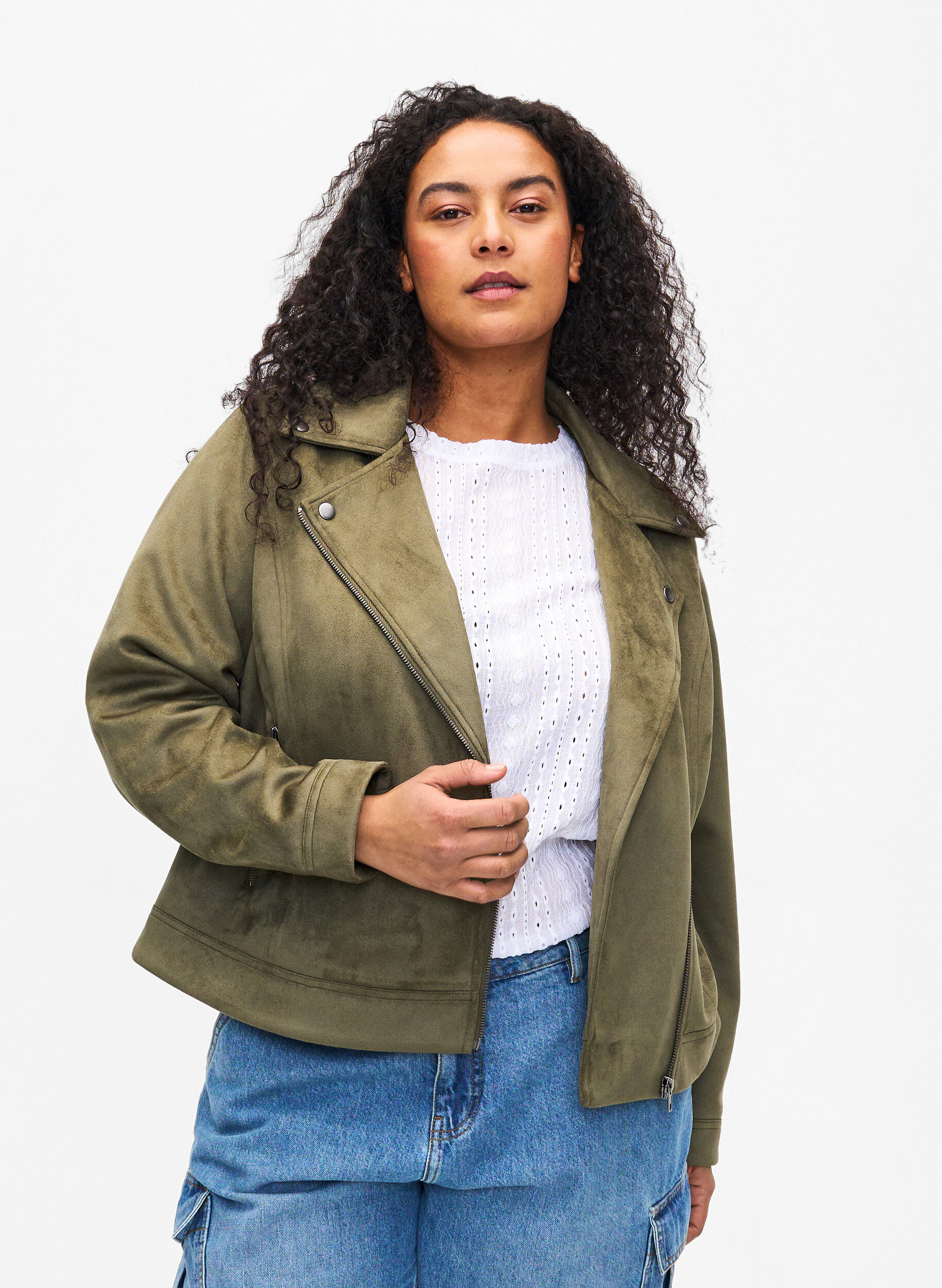 ZizziBiker-takki tekomokkanahkaa, Dusty Olive, Model image number 0