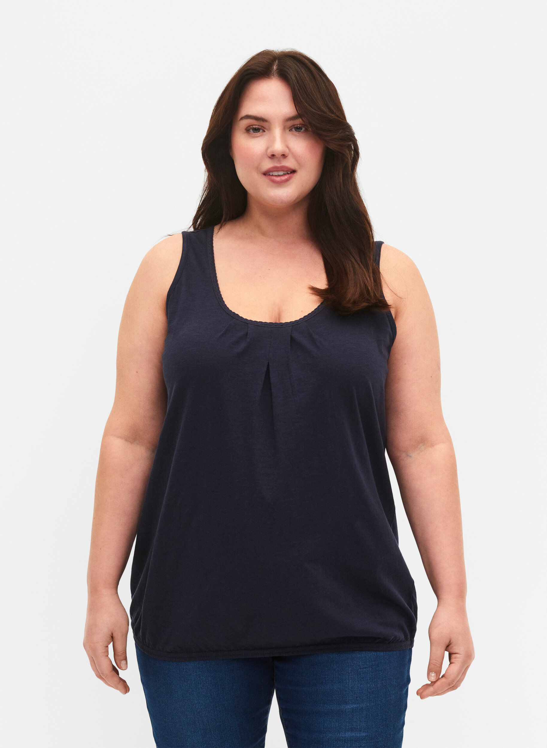 Zizzi Puuvillatoppi pitsikantilla, Navy Blazer, Model image number 0