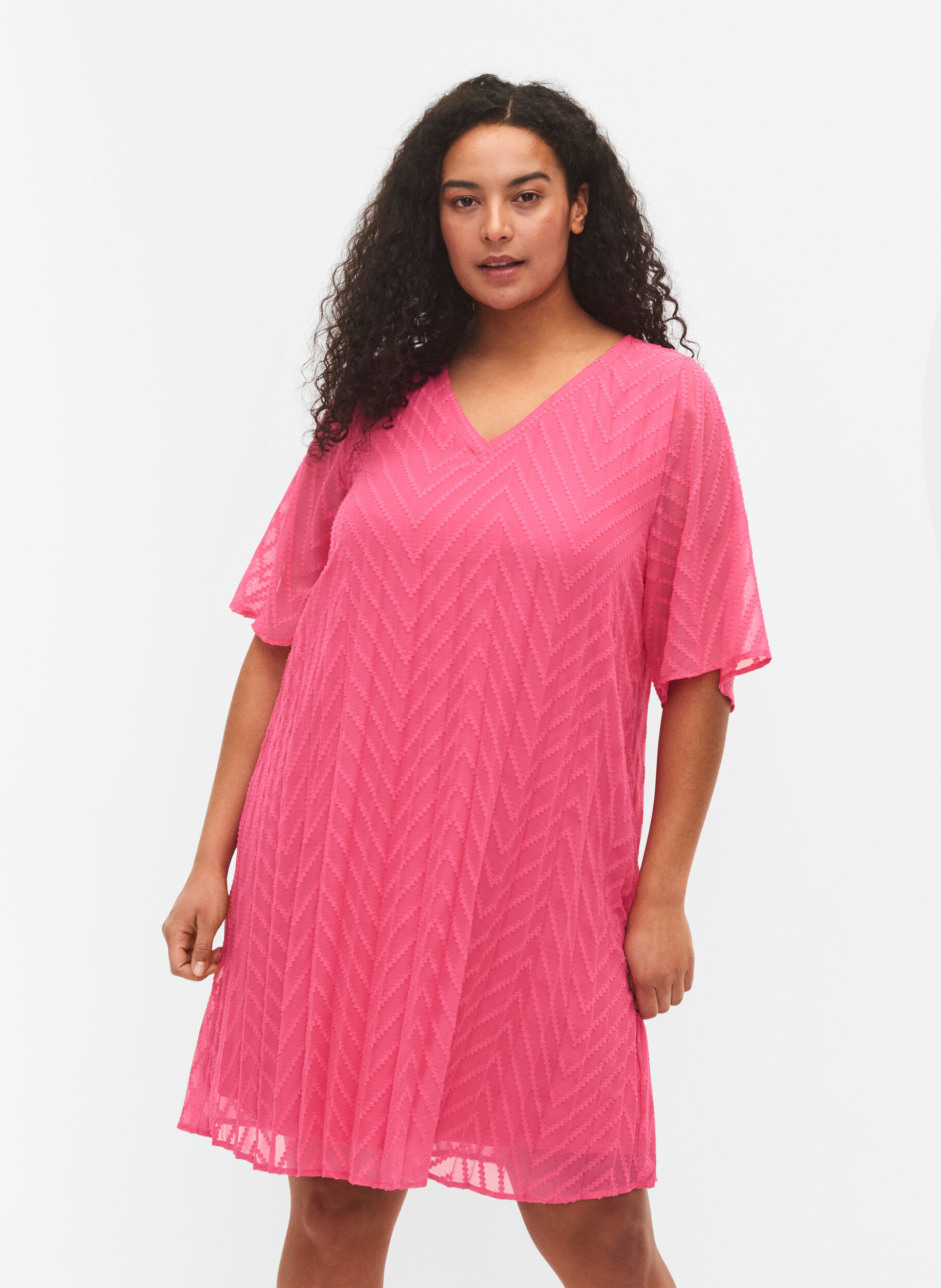 Zizzi Lyhythihainen mekko tekstuurilla, Shocking Pink, Model image number 0