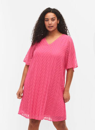 Lyhythihainen mekko tekstuurilla, Shocking Pink, Model image number 0
