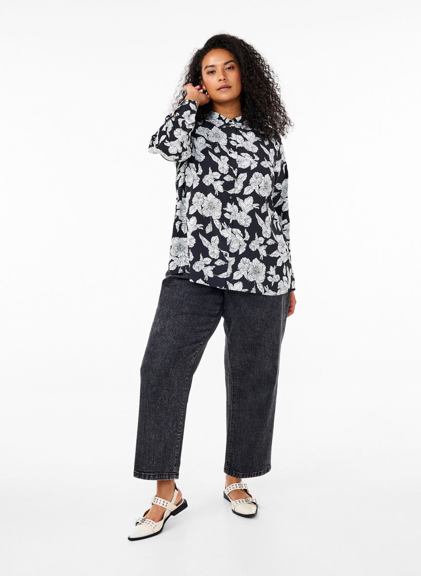 Paita kukkakuviolla, Musta, Model image number 1