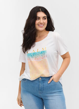 Lyhythihainen puuvillainen t-paita painatuksella, Bright White CALM, Model image number 0