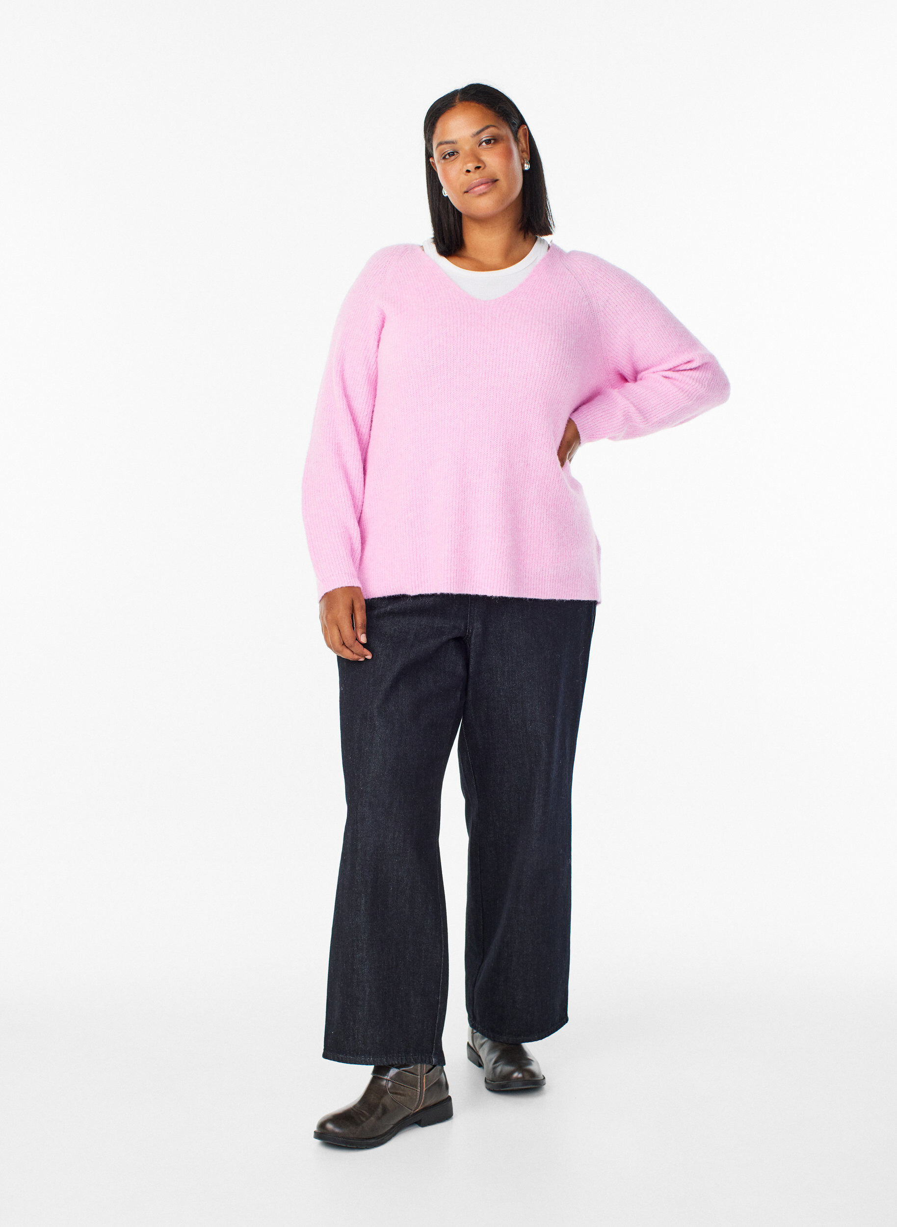 ZizziNeulepusero v-p&auml;&auml;ntiell&auml; ja raglanhihoilla, Vaaleanpunainen, Model image number 1