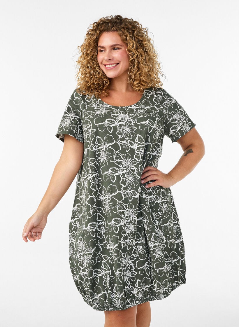 Lyhythihainen painokuvioitu puuvillamekko, Vihre&auml;, Model image number 0