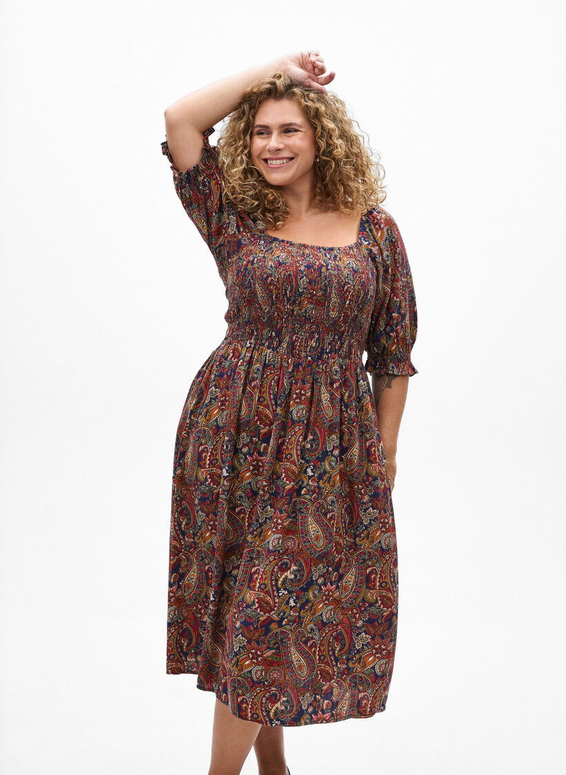Kes&auml;mekko viskoosista paisley-kuosilla, Sininen, Model image number 0