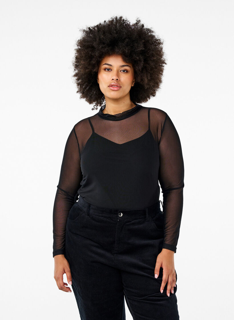 Tyk&ouml;istuva verkkopusero pitkill&auml; hihoilla, Musta, Model image number 0