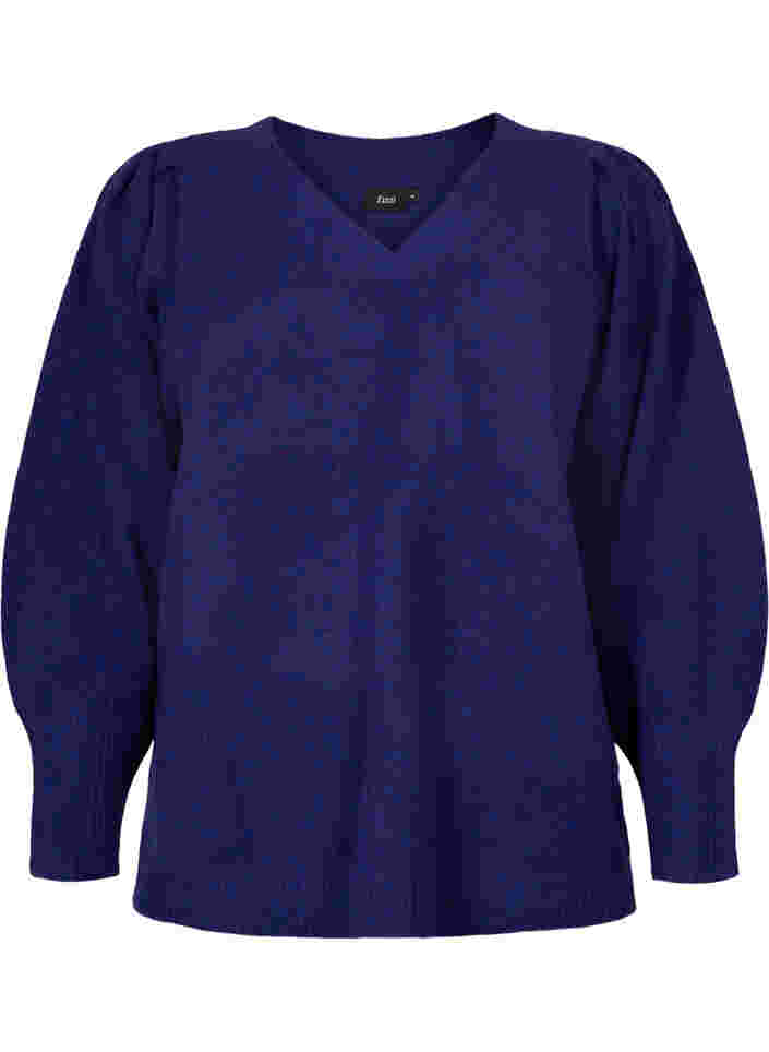 Meleerattu neulepusero puhvihihoilla ja v-pääntiellä, Ultra Violet Mel., Packshot image number 0