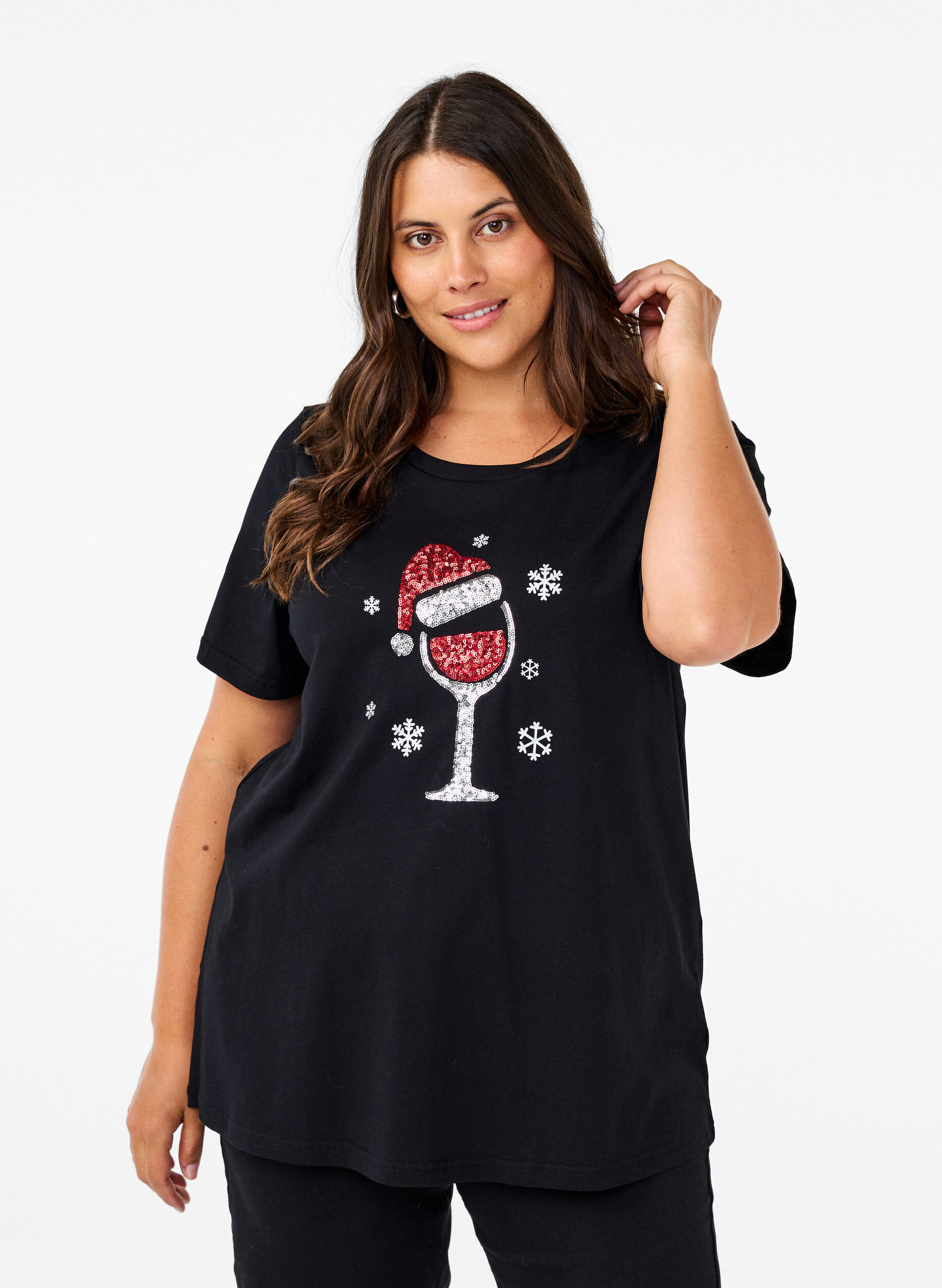 Zizzi Jouluiset t-paidat 100 % puuvillaa, Black w. Wine, Model image number 0