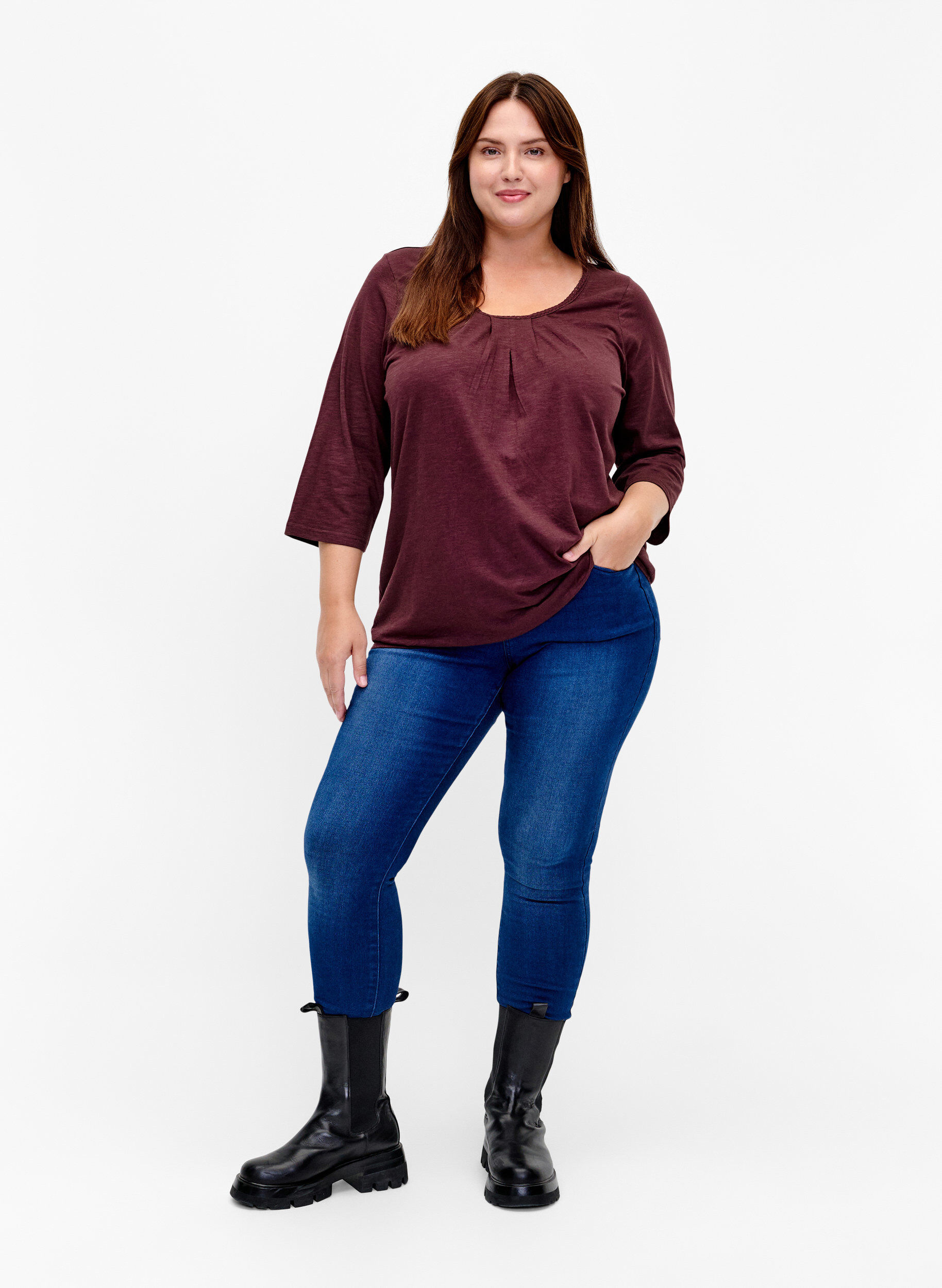 Zizzi Puuvillatoppi, jossa 3/4-hihat, Fudge, Model image number 2