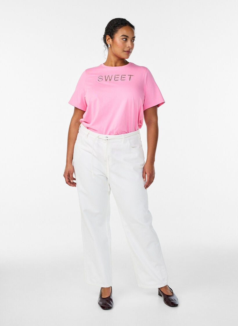 Puuvillainen T-paita kirjailulla tekstill&auml;, Valkoinen, Model image number 1