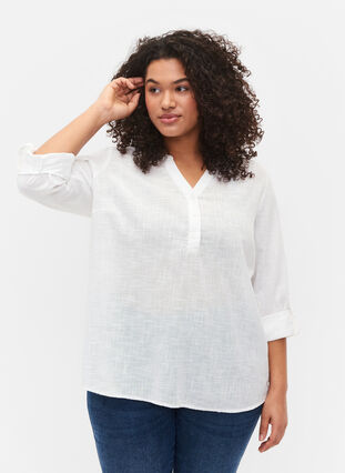 Puuvillainen paitapusero v-aukolla, Bright White, Model image number 0